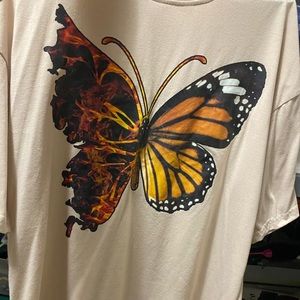 Butterfly Print Drop Shoulder Oversized, Size Small, and Apricot color.